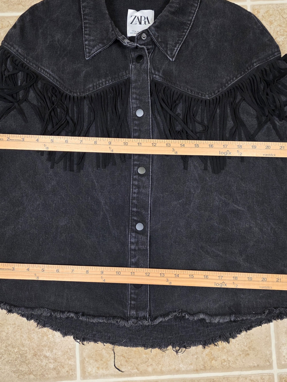 Zara Western Fringe Denim Jacket Medium Black Cowboycore Shacket - Picture 9 of 11